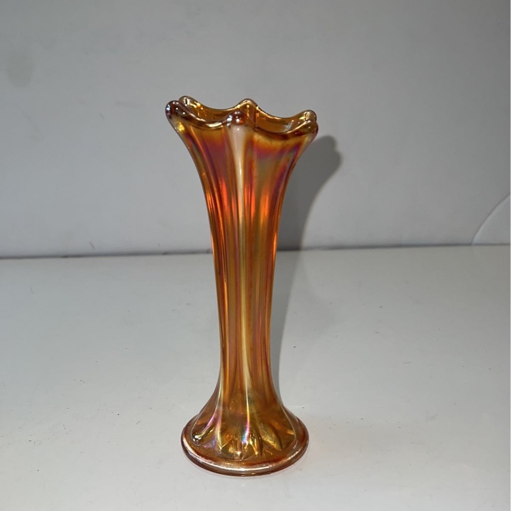 Vintage Thin Rib Marigold Carnival Glass Art Stretch Vase
